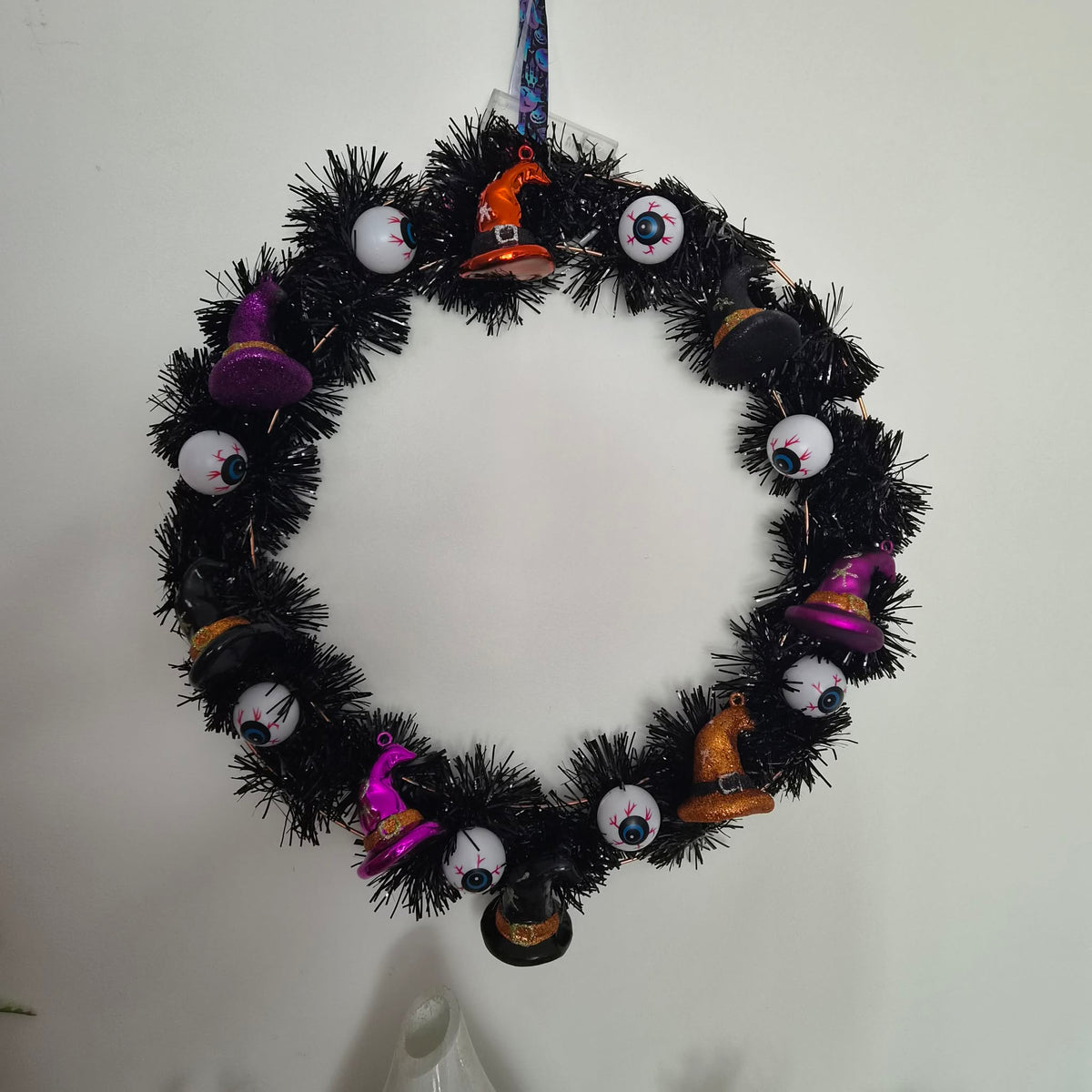 Handmade 16-Inch Halloween Tinsel Wreath – Witch Hats, Eyeballs & Spiderweb Door Decor