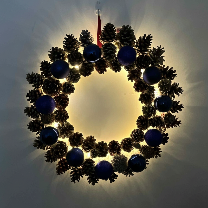 Decorative wreath with pinecones and blue ornaments on a light background