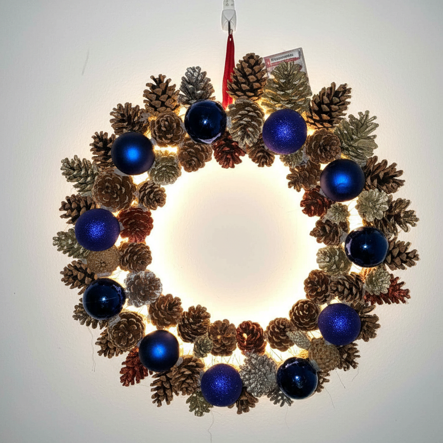 Decorative wreath with pine cones and blue ornaments on a white background