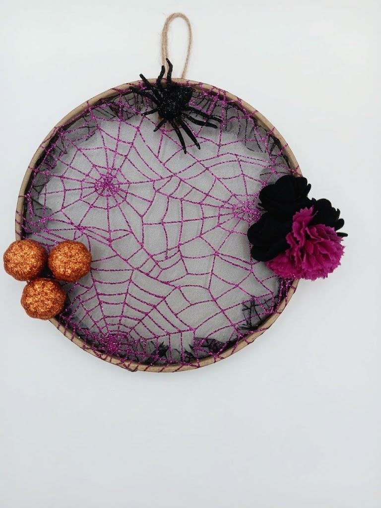 Handmade Glitter Spiderweb Embroidery Hoop Wreath – Gothic Halloween Wall Decor