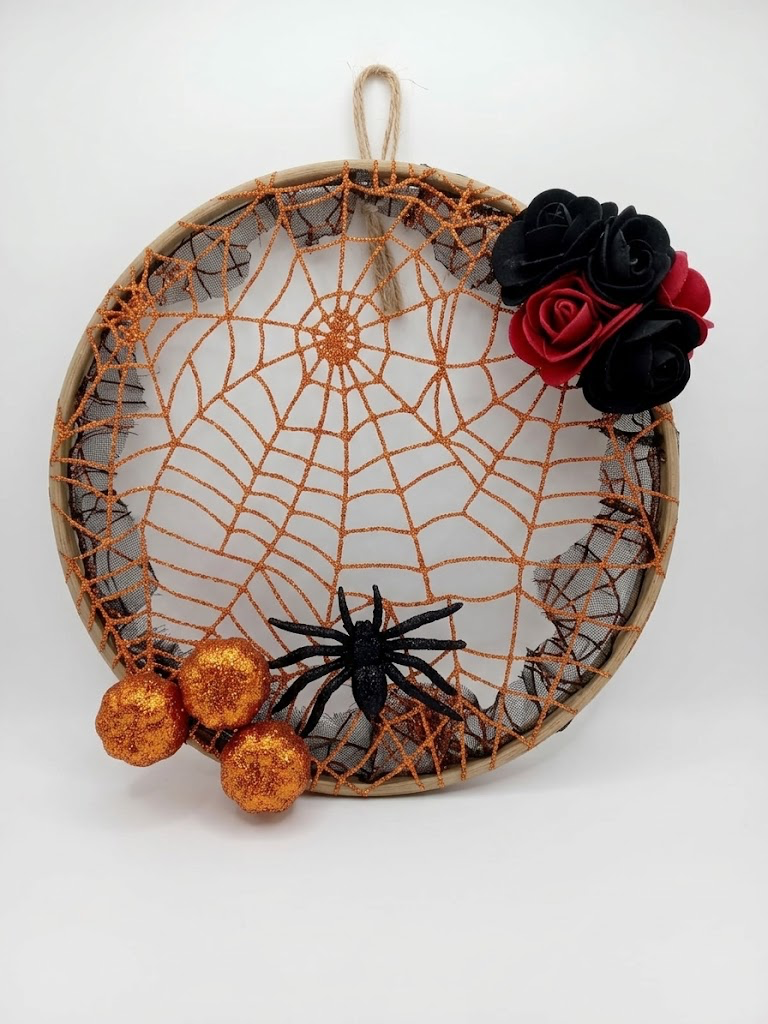 Handmade Glitter Spiderweb Embroidery Hoop Wreath – Gothic Halloween Wall Decor