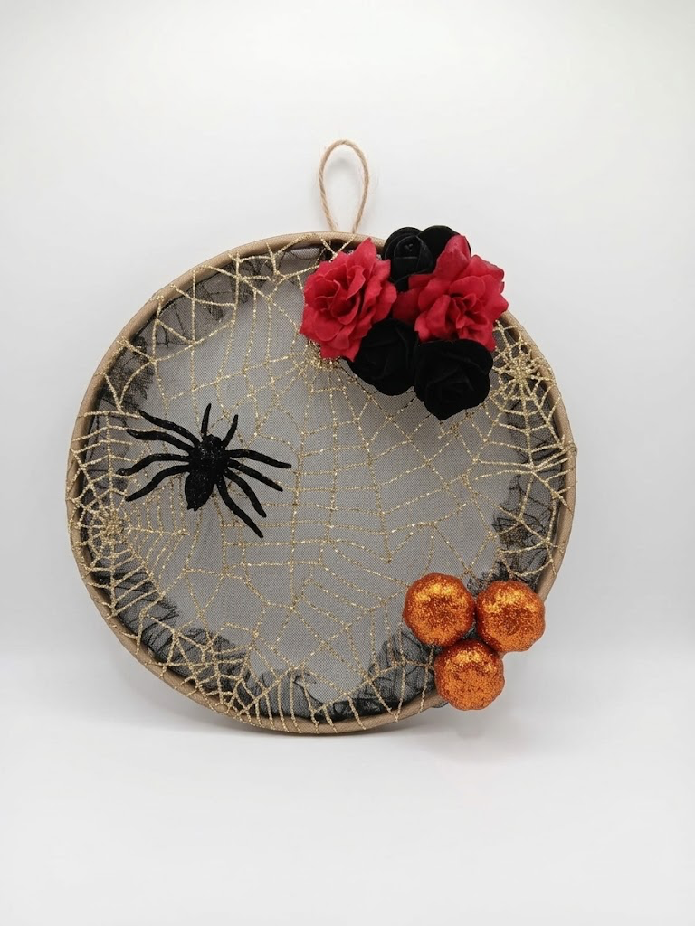 Handmade Glitter Spiderweb Embroidery Hoop Wreath – Gothic Halloween Wall Decor